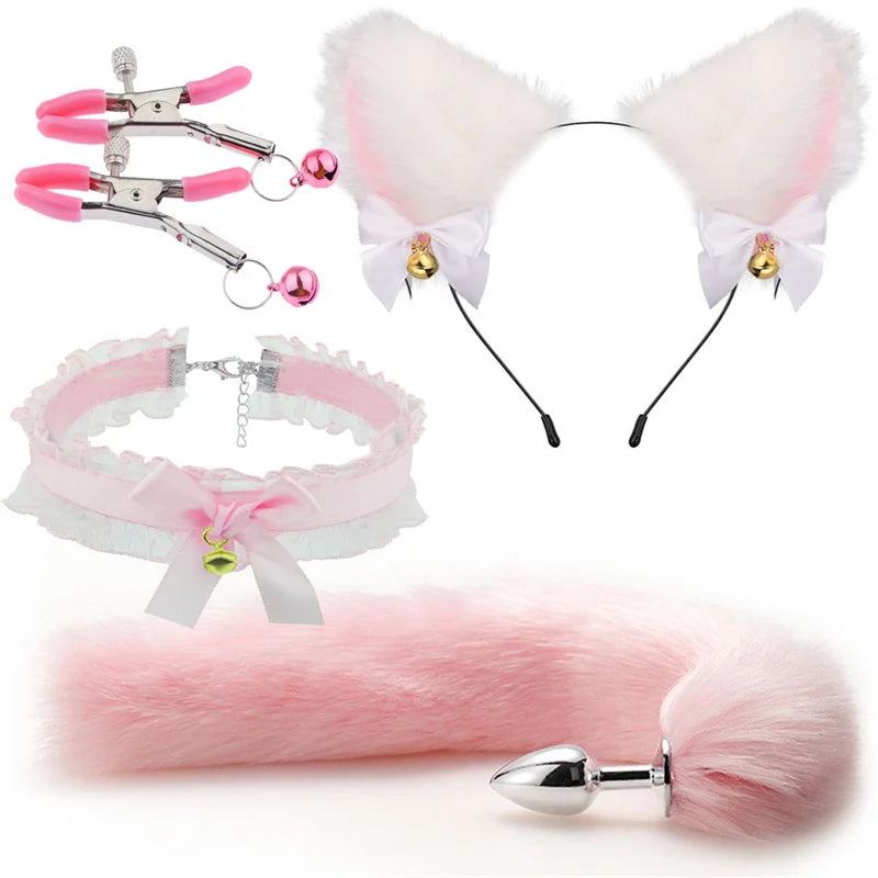 3pcs Cos Plush Animal Ear Animal Tail Suit Fox Ear Wolf Ear Headband Tail Accessories Cat Head Bell Collar Halloween Party