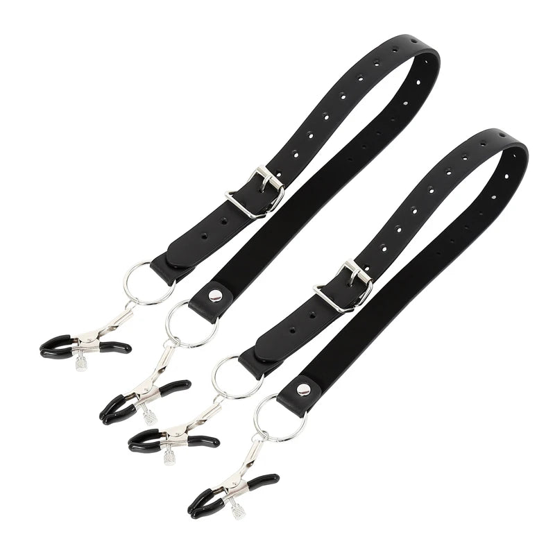 Black Leather Strap Harness Nipple Clamps Bdsm Slave Fetish Bondage Restraints Labia Clips Erotic Accessories Sextoys