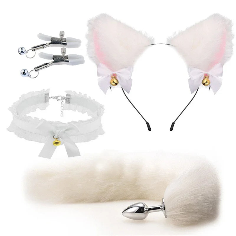 3pcs Cos Plush Animal Ear Animal Tail Suit Fox Ear Wolf Ear Headband Tail Accessories Cat Head Bell Collar Halloween Party