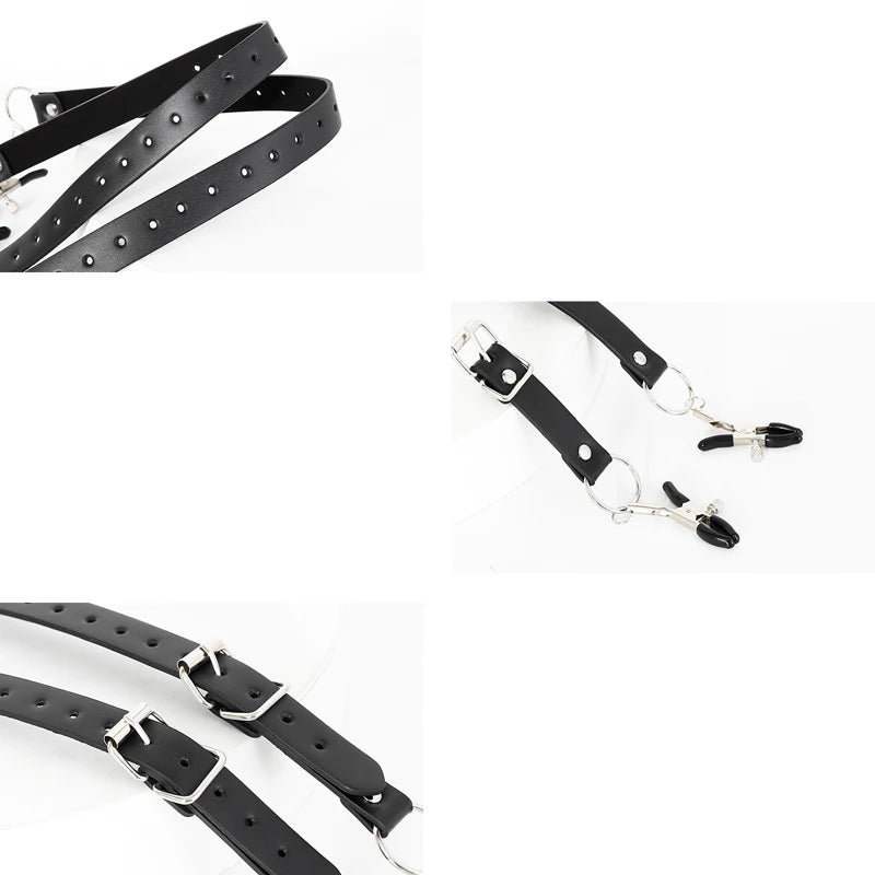 Black Leather Strap Harness Nipple Clamps Bdsm Slave Fetish Bondage Restraints Labia Clips Erotic Accessories Sextoys