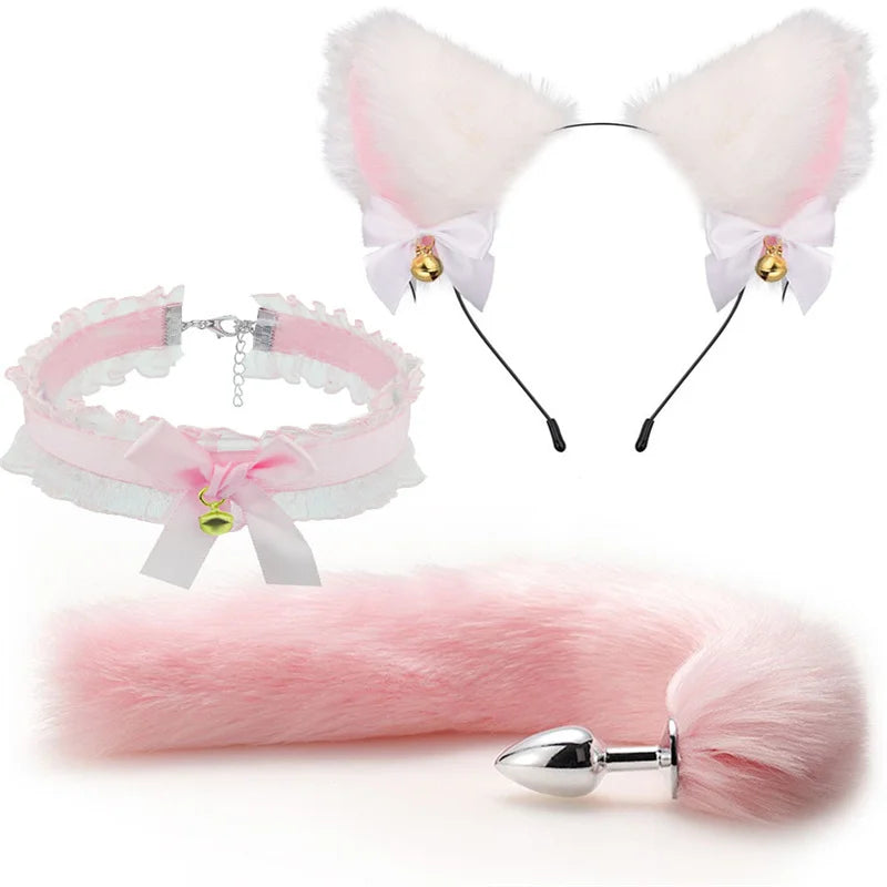 3pcs Cos Plush Animal Ear Animal Tail Suit Fox Ear Wolf Ear Headband Tail Accessories Cat Head Bell Collar Halloween Party