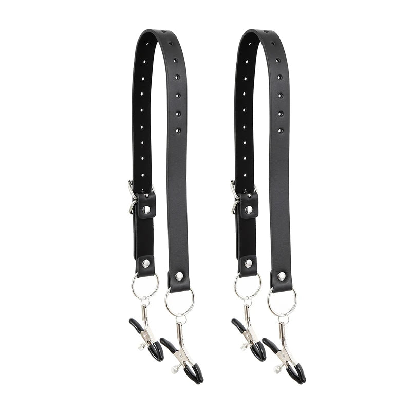 Black Leather Strap Harness Nipple Clamps Bdsm Slave Fetish Bondage Restraints Labia Clips Erotic Accessories Sextoys