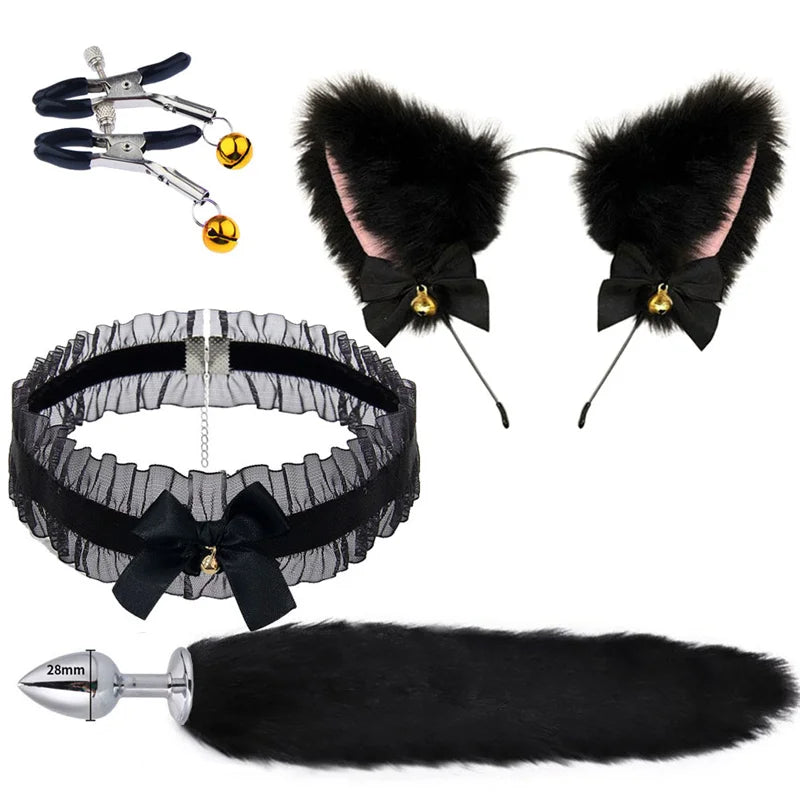 3pcs Cos Plush Animal Ear Animal Tail Suit Fox Ear Wolf Ear Headband Tail Accessories Cat Head Bell Collar Halloween Party