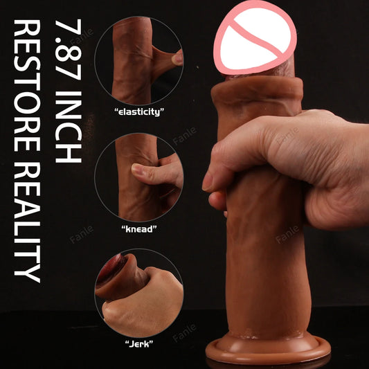 7.87inch Realistic Movable Foreskin Dildo for Women Sex Toy Silicone Penis Female Vagina Masturbator Strong Suction Cup Big Dick