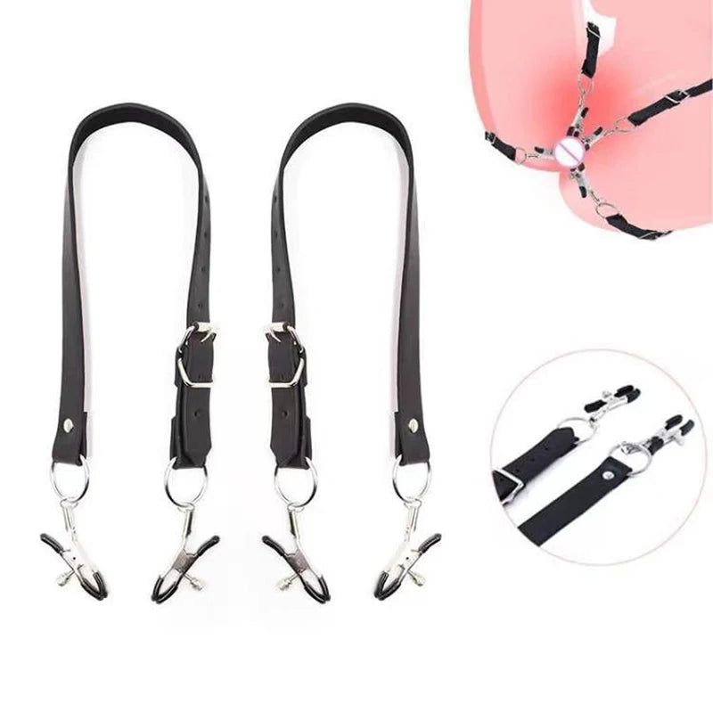 Black Leather Strap Harness Nipple Clamps Bdsm Slave Fetish Bondage Restraints Labia Clips Erotic Accessories Sextoys