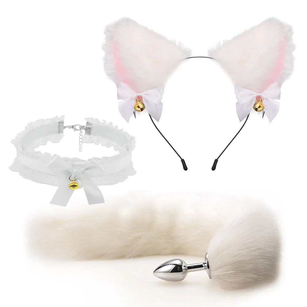 3pcs Cos Plush Animal Ear Animal Tail Suit Fox Ear Wolf Ear Headband Tail Accessories Cat Head Bell Collar Halloween Party