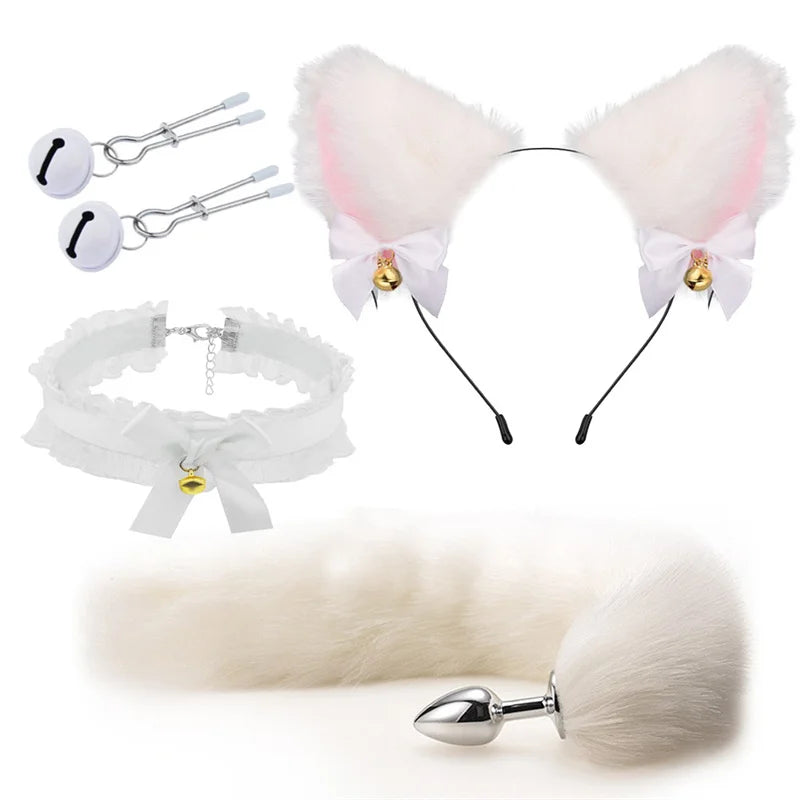 3pcs Cos Plush Animal Ear Animal Tail Suit Fox Ear Wolf Ear Headband Tail Accessories Cat Head Bell Collar Halloween Party